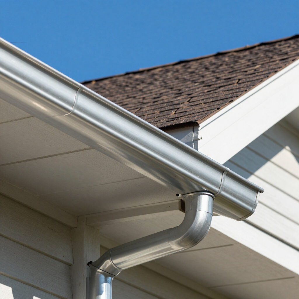 Silver rain gutter and downspout on a white house under a brown shingled roof