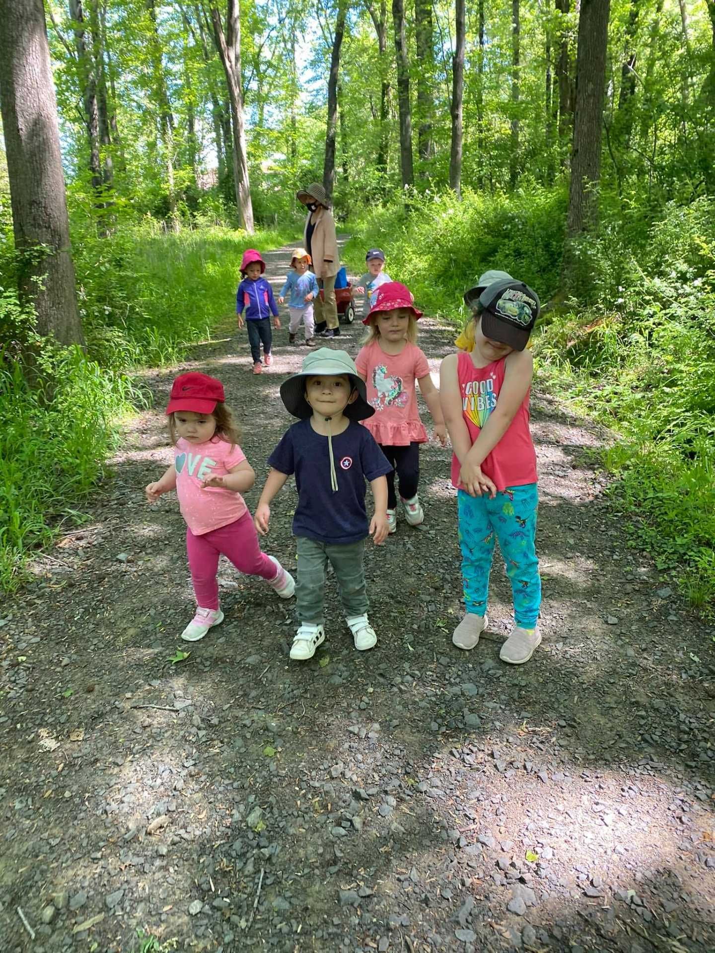 Children in colorful hats walking on a wooded trail in a sunny forest