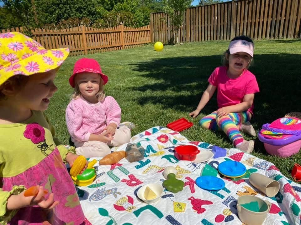 Children playing with a tea set on a picnic blanket in a sunny backyard