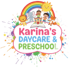 Karina’s Daycare & Preschool logo with rainbow, smiling children, sun, elephant, lion, and fox