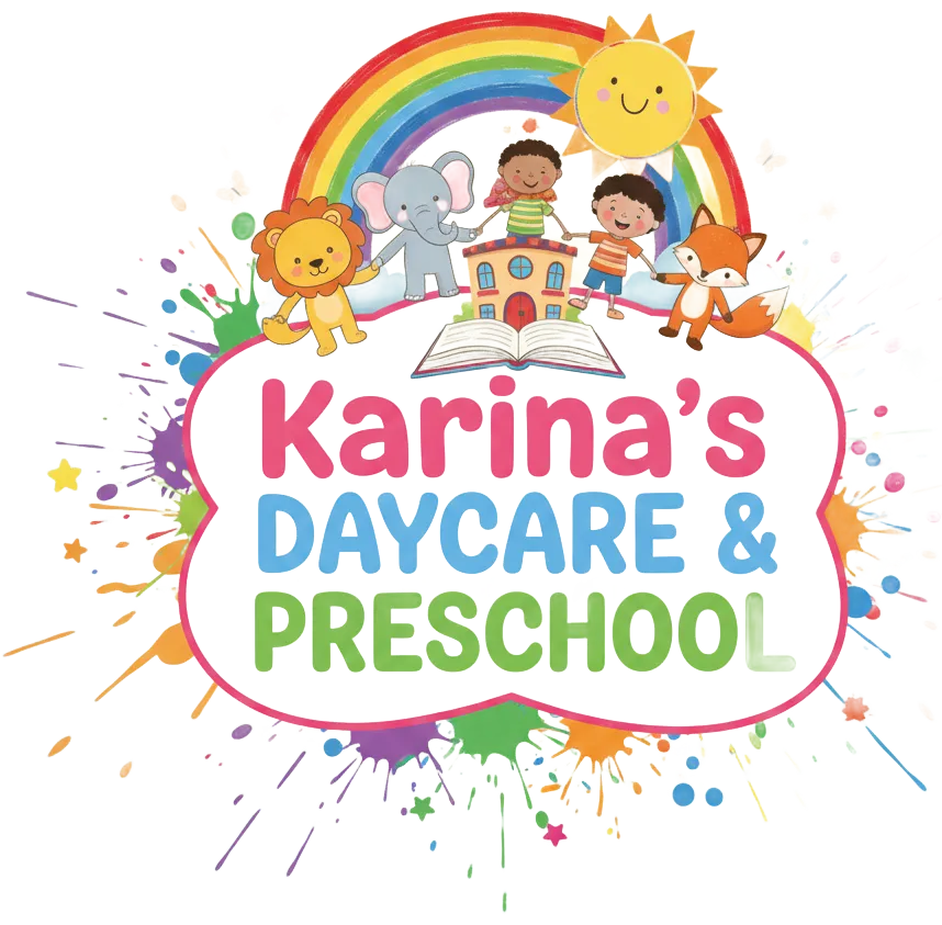 Karina&rsquo;s Daycare & Preschool logo with rainbow, smiling children, sun, elephant, lion, and fox