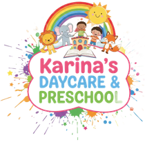 Karina’s Daycare & Preschool logo with rainbow, smiling children, sun, elephant, lion, and fox