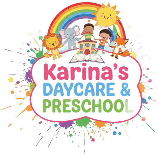 Karina’s Daycare & Preschool logo with rainbow, smiling children, sun, elephant, lion, and fox