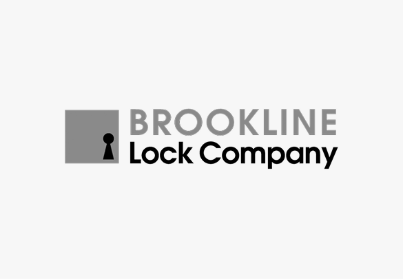 Logo for Brookline Lock Company featuring a grey square with a keyhole icon and the company name in black text.
