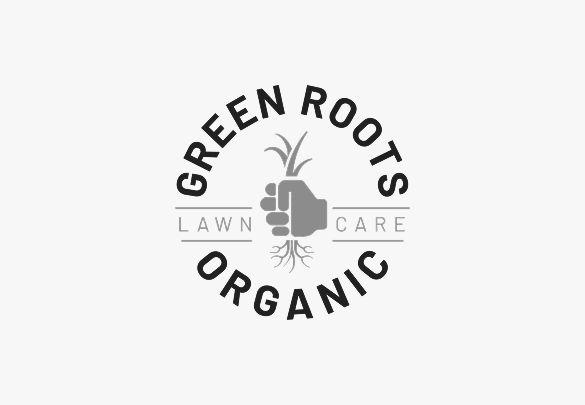Logo for Green Roots Organic Lawn Care featuring a hand pulling a plant with visible roots inside a circular border.