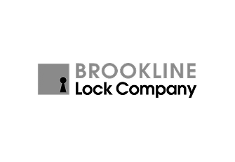 Logo for Brookline Lock Company featuring a grey square with a black keyhole symbol next to the company name.