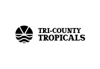 Black logo for Tri-County Tropicals featuring a circular icon with a sunset over waves next to the text.