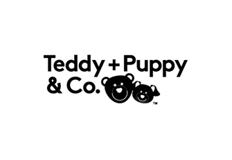 Logo for Teddy + Puppy & Co. with black text and an icon of a bear and a puppy face.