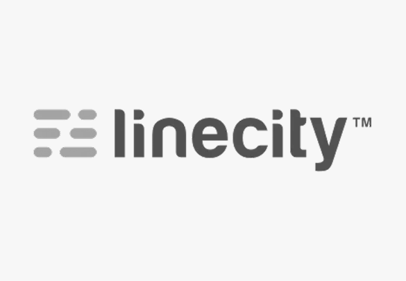 The Linecity logo, featuring a gray abstract icon of horizontal dashes to the left of the text 