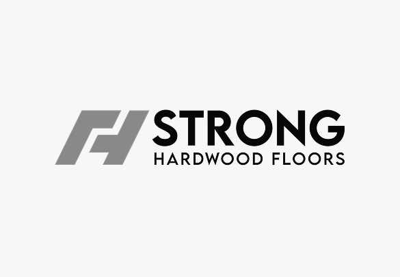 The logo for Strong Hardwood Floors features a stylized gray geometric icon next to the black text 