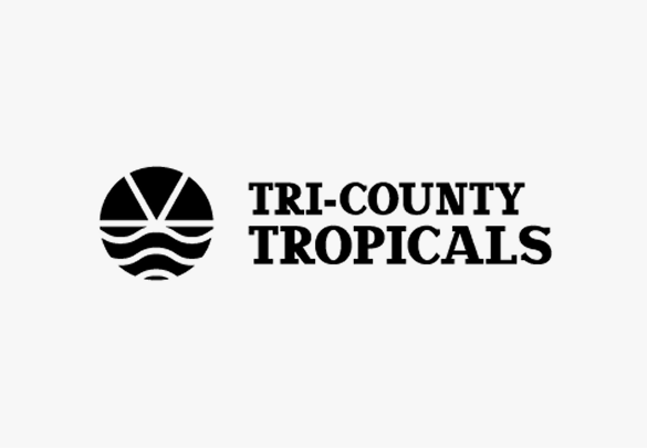 Black logo for Tri-County Tropicals featuring a circular icon with a stylized sun and waves next to the company name.