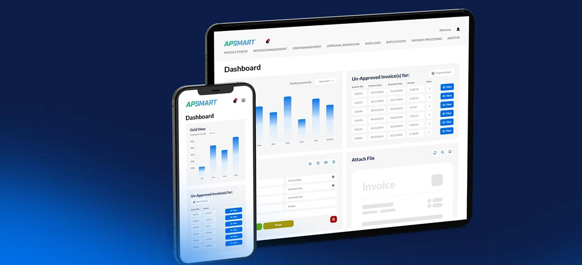A smartphone and tablet displaying a business analytics dashboard with data charts, tables, and blue UI elements.