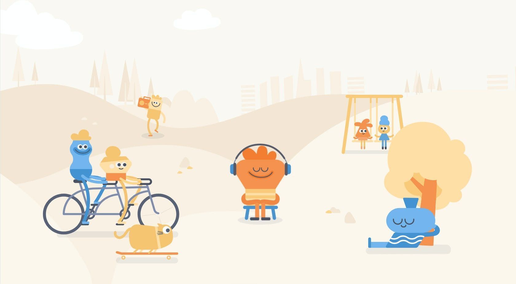 Colorful cartoon characters in a park: some ride a bicycle, others swing, listen to music, or sit beneath a tree.
