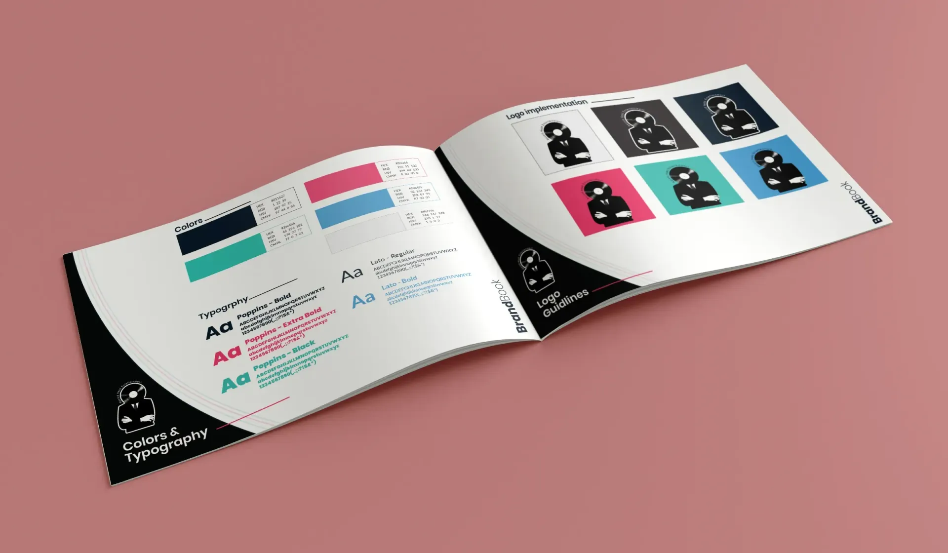 An open brand guidelines manual displaying logo variations, color palettes, and typography on a pink background.