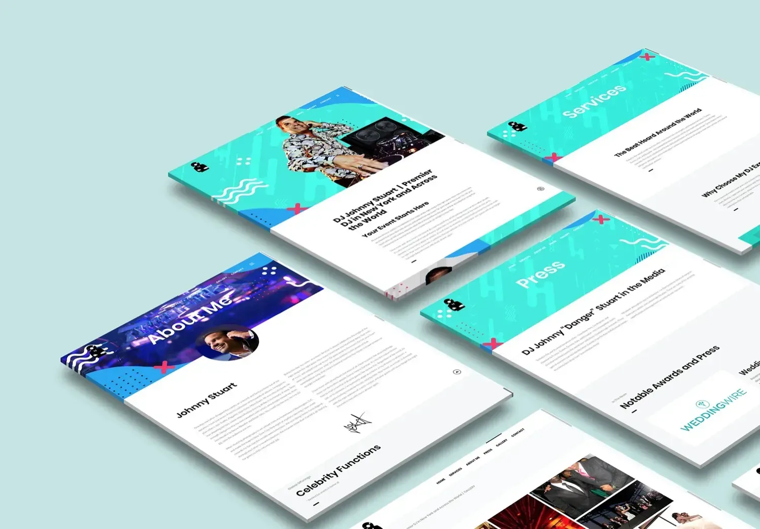 An isometric view of multiple webpage design mockups featuring DJ Johnny Stuart with blue and white branding.