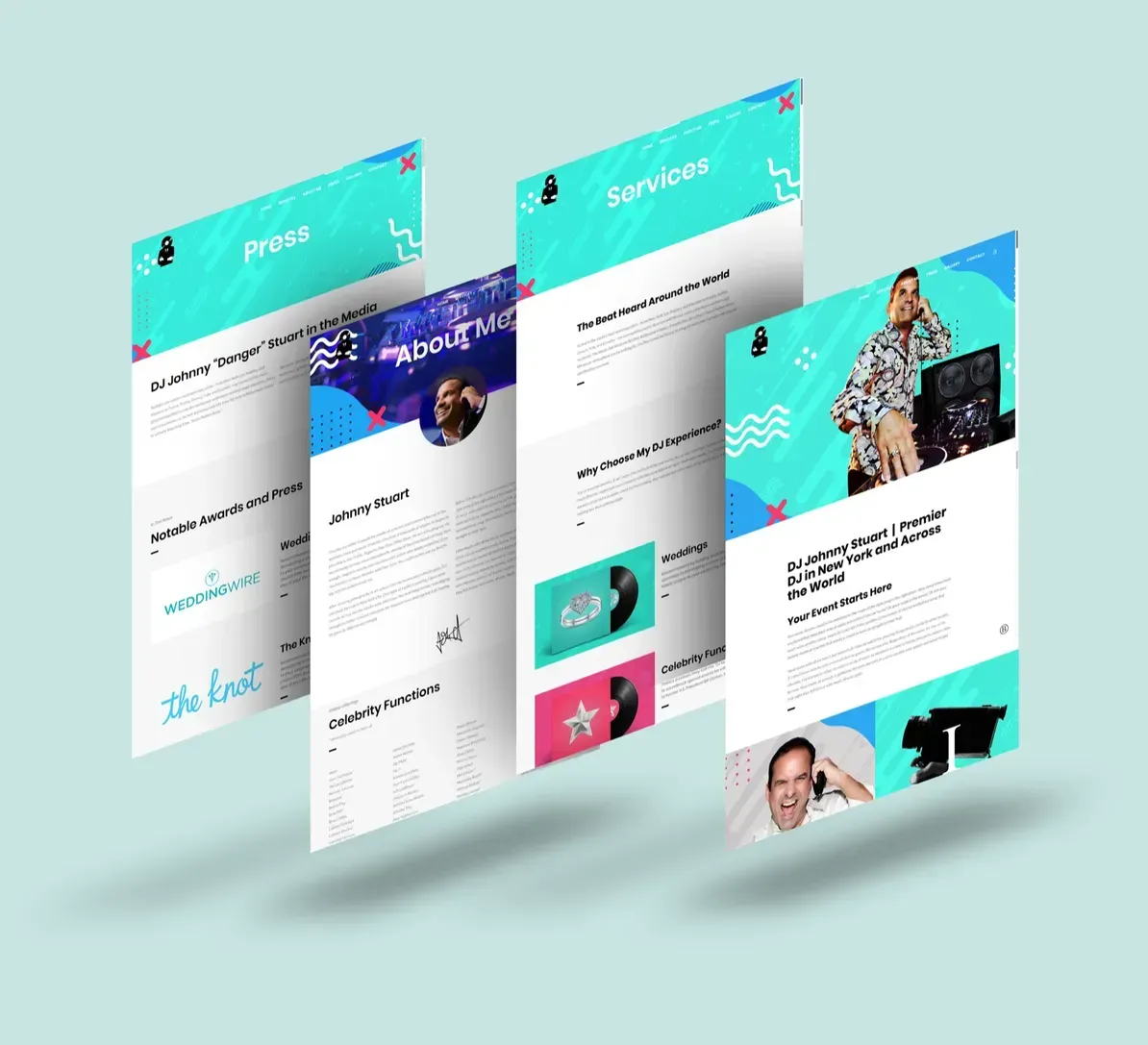 Four floating mobile app screens in a teal-themed layout showcasing a professional DJ's business profile and services.