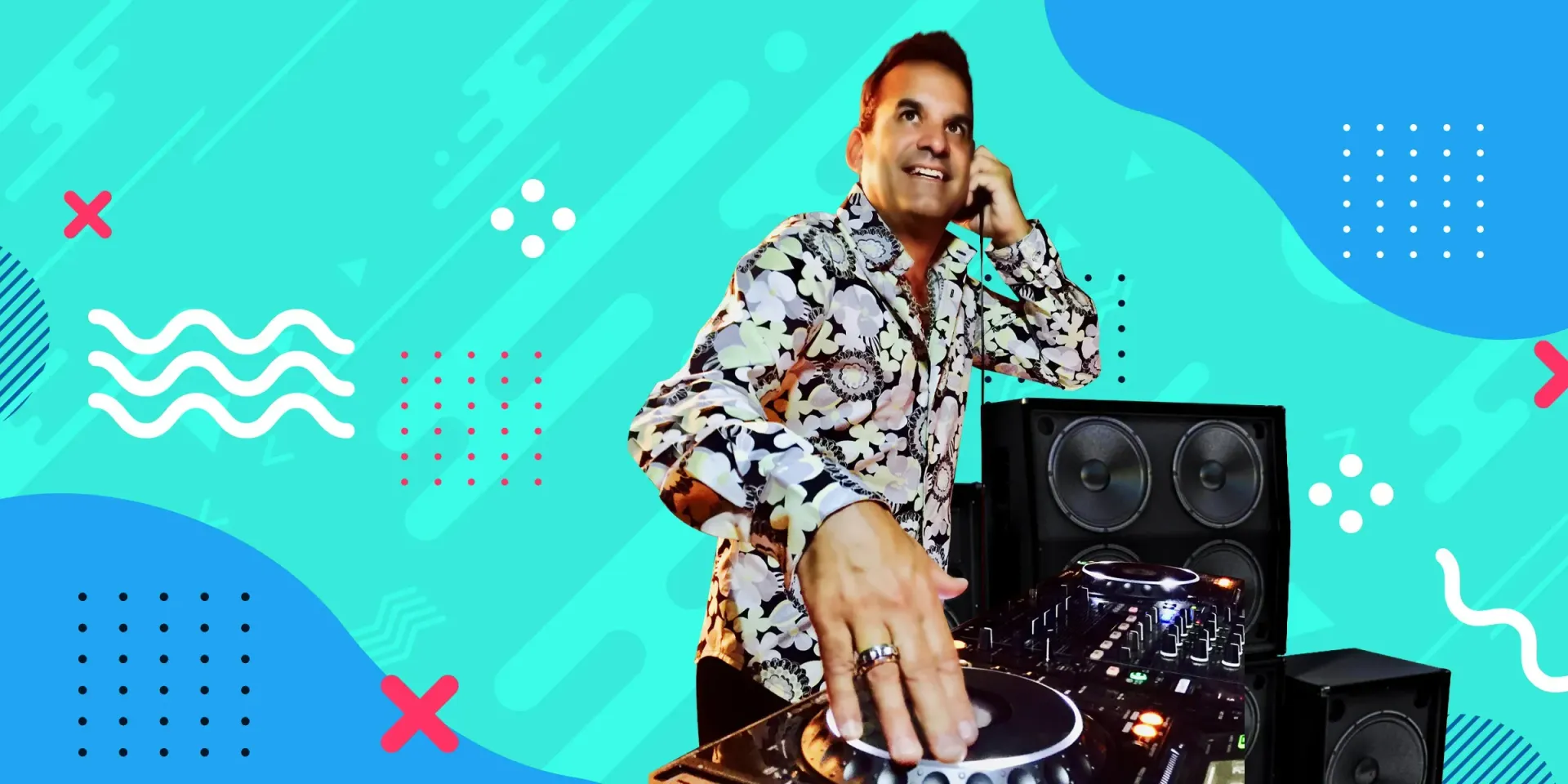 A DJ in a patterned shirt with headphones on, mixing music on a turntable in front of a speaker against a teal background.