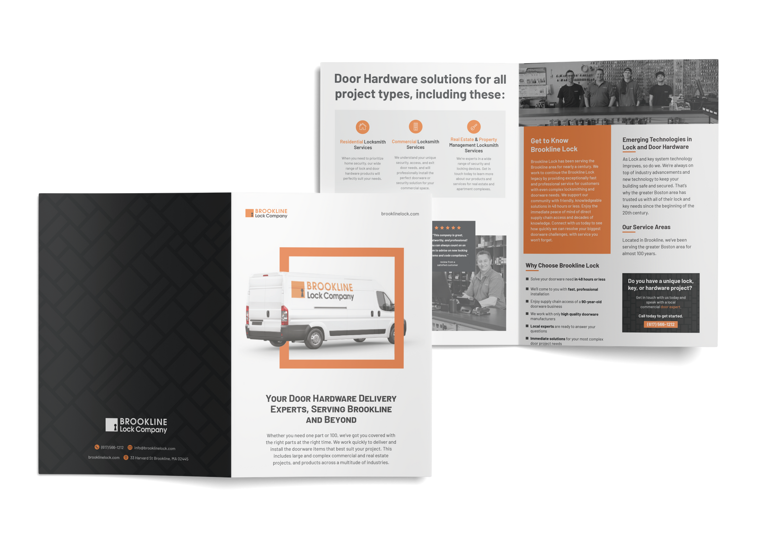 A marketing brochure for McShane and Company showing door hardware solutions and services across two open pages.