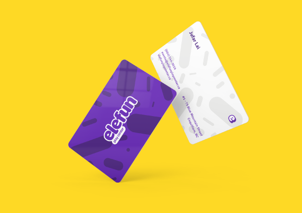 Two business cards floating against a yellow background, one purple with the Elefun logo, the other white with contact info.