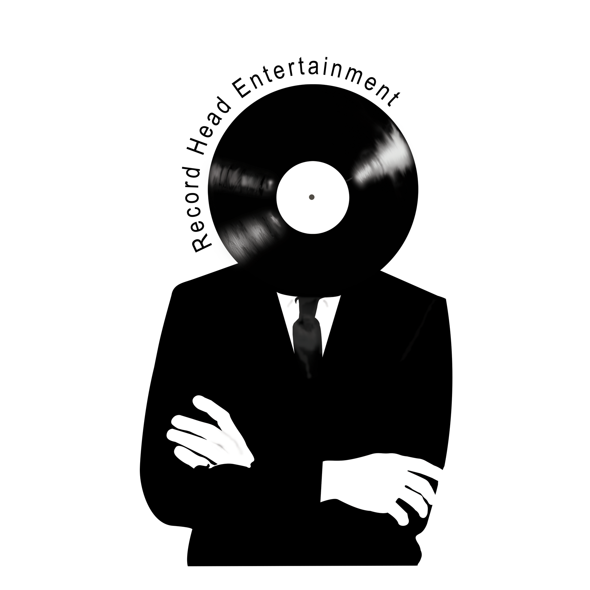 A black and white logo featuring a person in a suit with a vinyl record for a head and the text