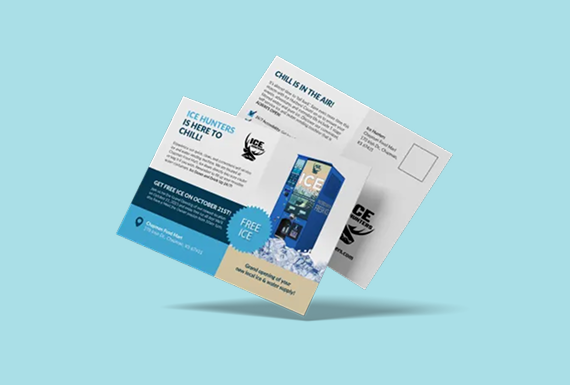 A 3D marketing flyer for an ice vending machine, featuring blue and tan branding, displayed against a light blue background.