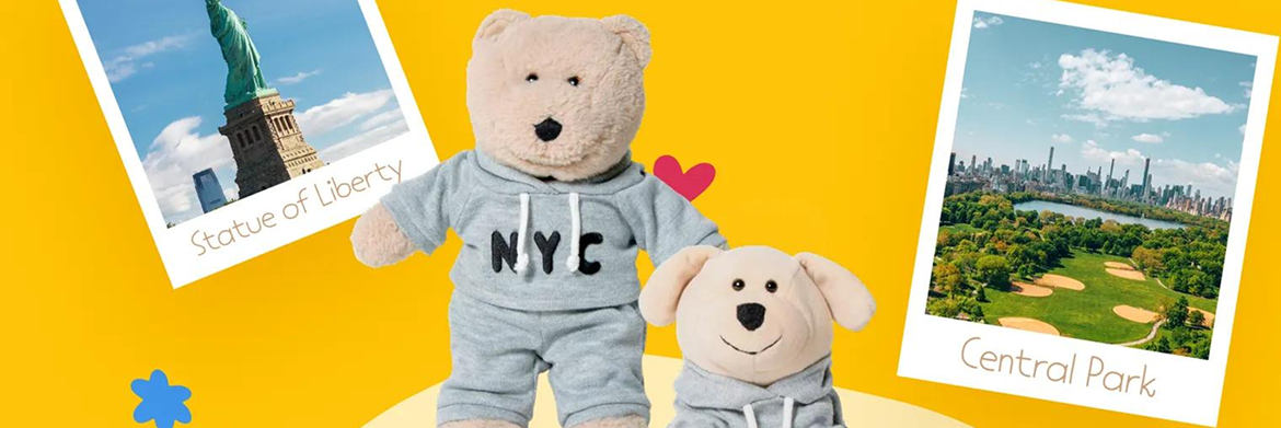 A plush bear and puppy, both wearing