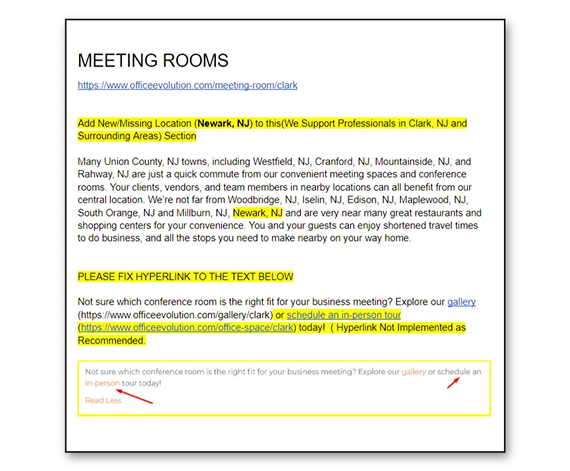 Document showing instructions for web edits including location additions, hyperlink fixes, and a highlighted text area.