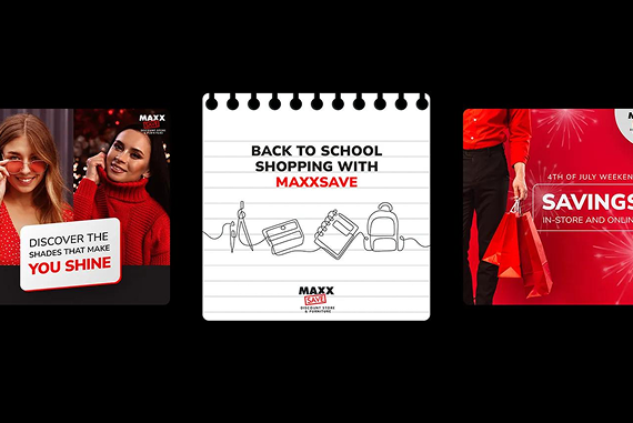 Three promotional panels showing MaxxSave back-to-school items