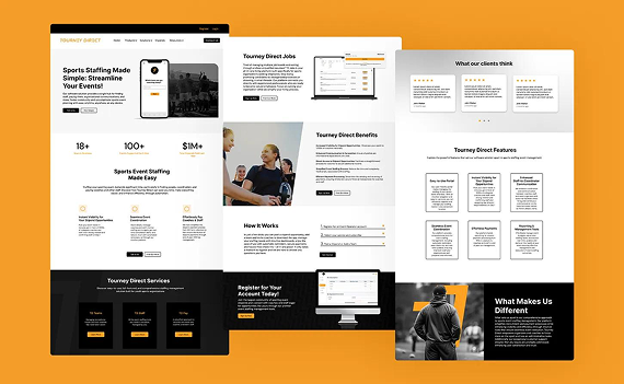 Collage of a modern black, white, and orange website layout with homepage sections and cards