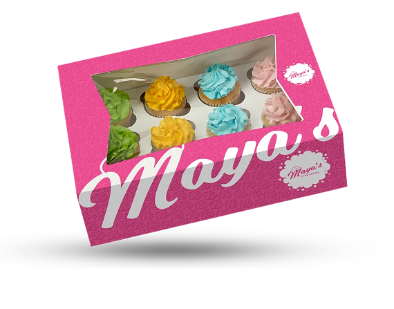 A pink rectangular box with a window displaying eight colorful cupcakes, branded with the name