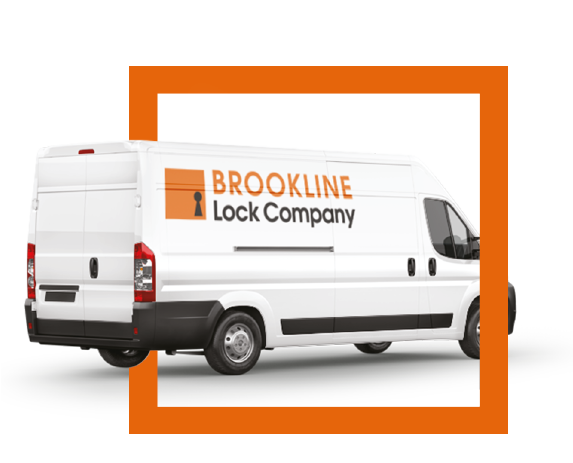 A white Brookline Lock Company delivery van framed by an orange square.