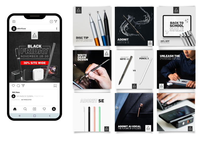A smartphone displaying a Black Friday social media post next to a grid of various promotional images for Adonit styluses.