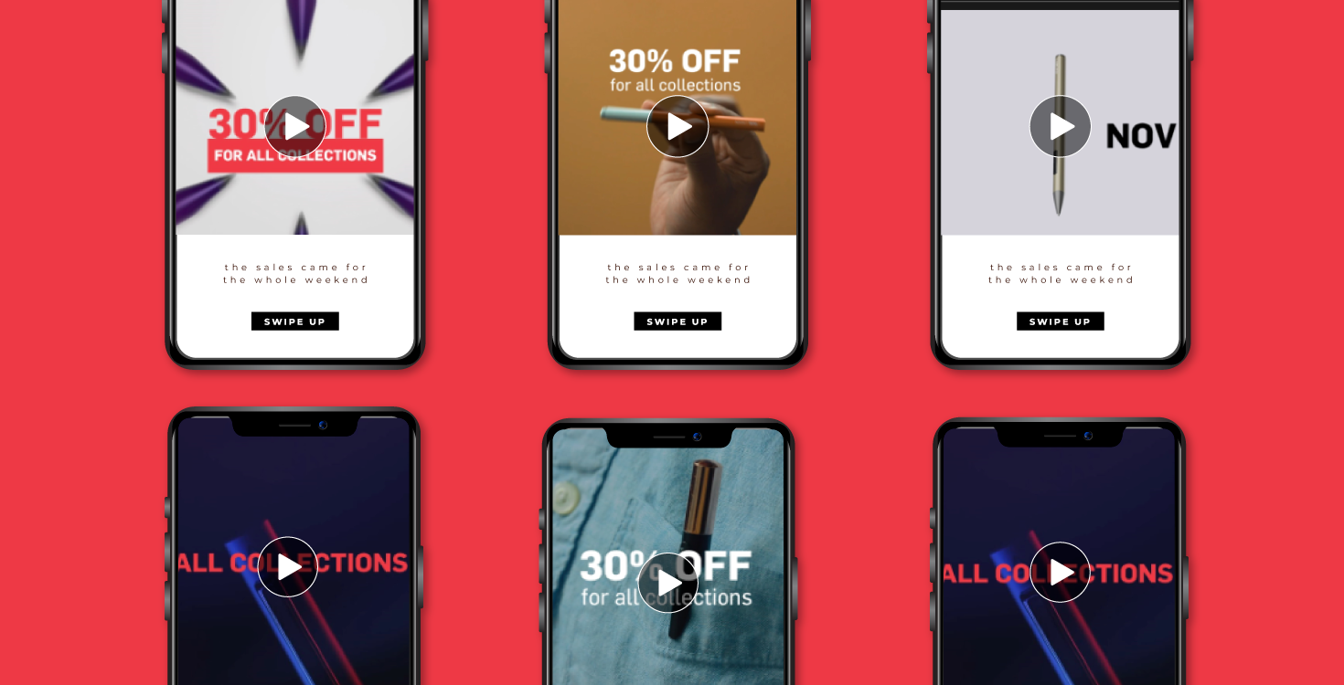 Six smartphones arranged on a red background, each displaying promotional ads for 30% off pen collections with play buttons.