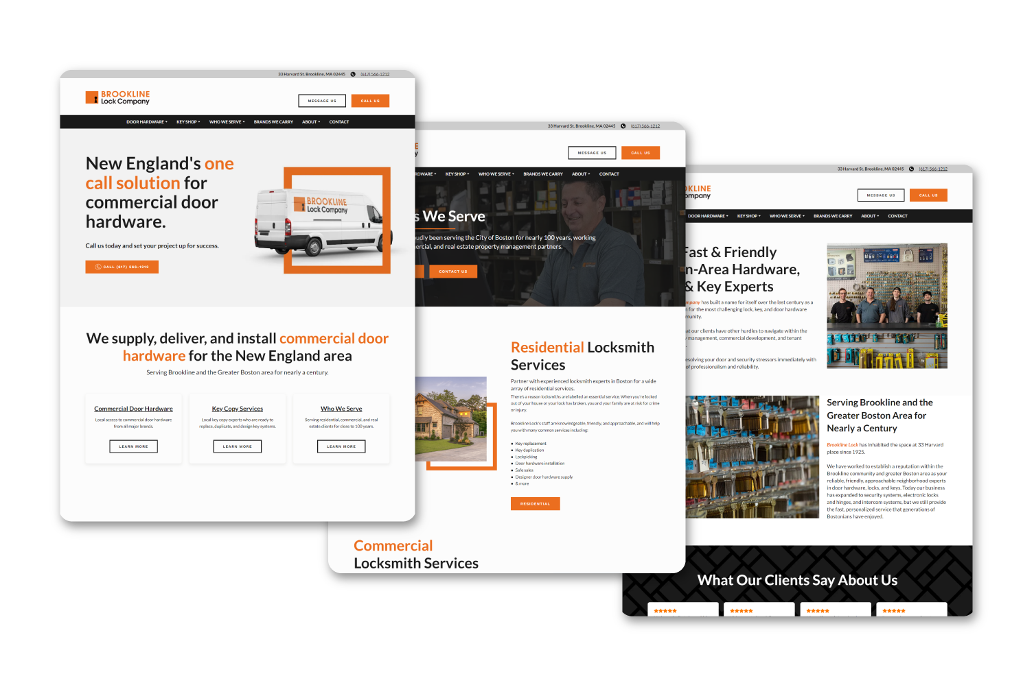 Three webpage designs for a locksmith company featuring service descriptions, team photos, and business contact info.