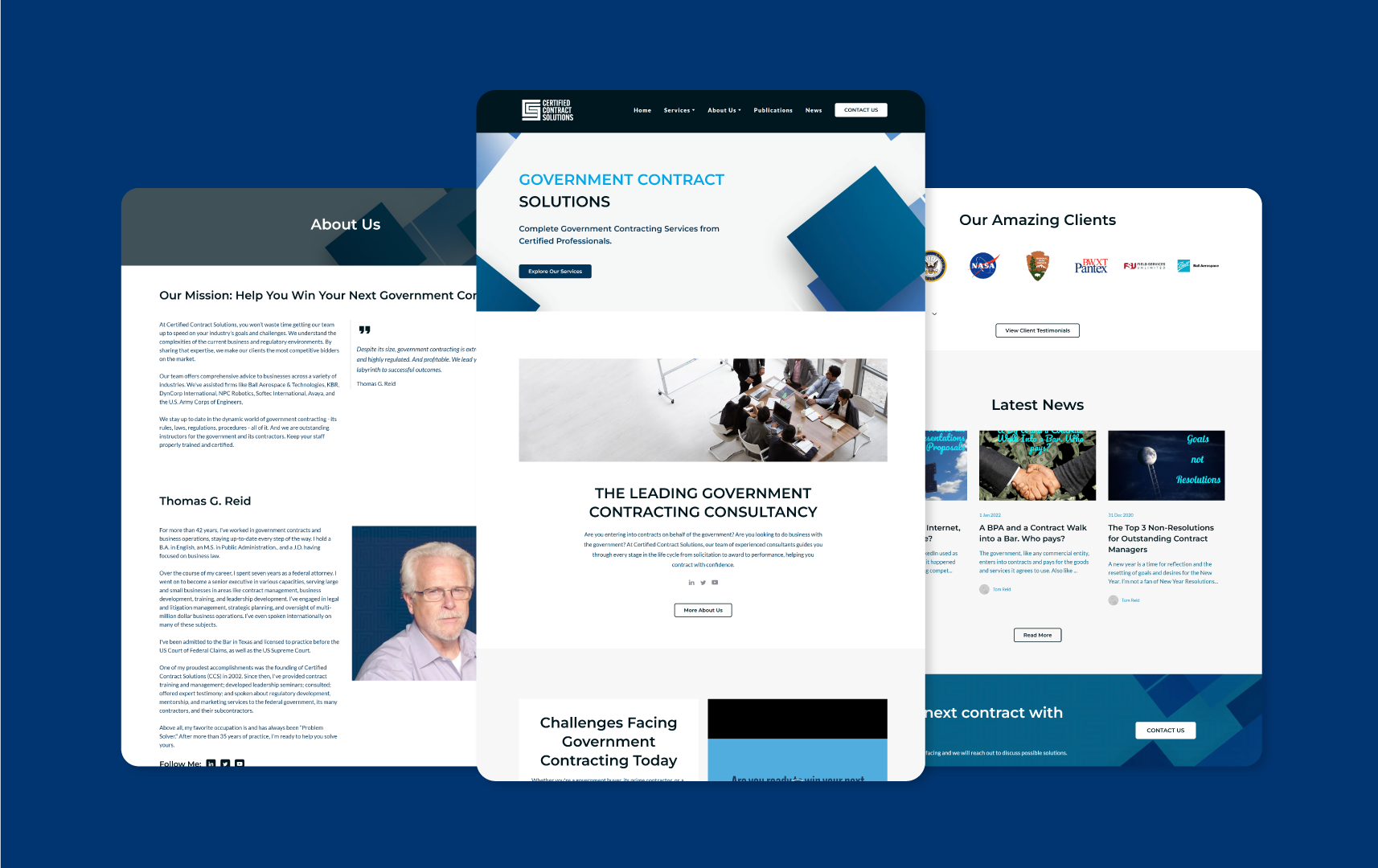 Three mobile-responsive website layout designs for a government contracting consultancy firm on a dark blue background.