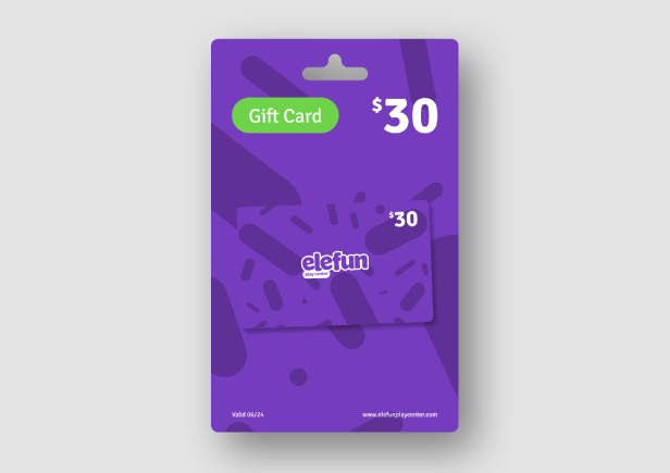 A purple $30 Elefun gift card displayed on its packaging.