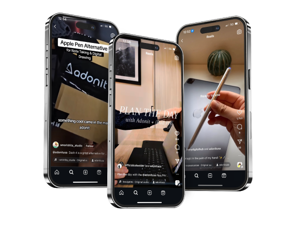 Three smartphones arranged to show social media videos featuring the Adonit stylus and digital planning tools.