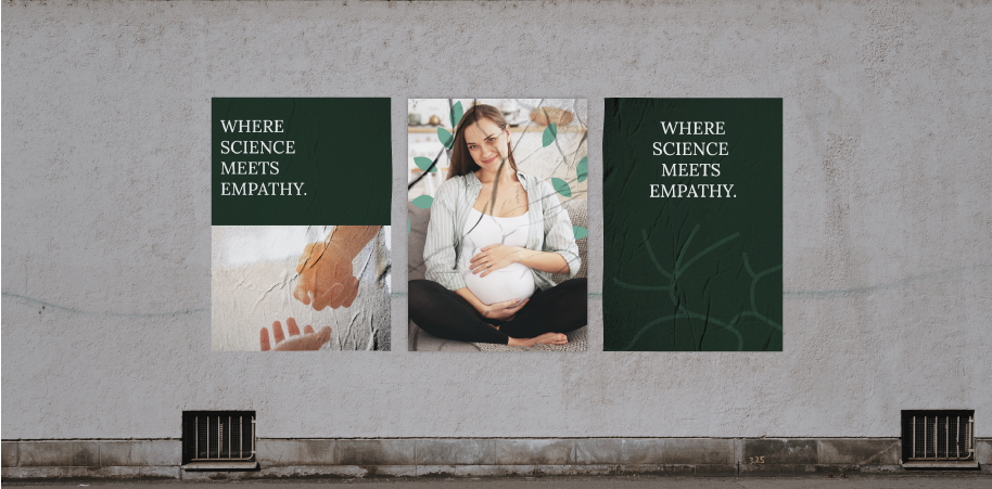 Three panels on a gray wall: one with text and a hand-holding image, one with a pregnant person, and one with text.