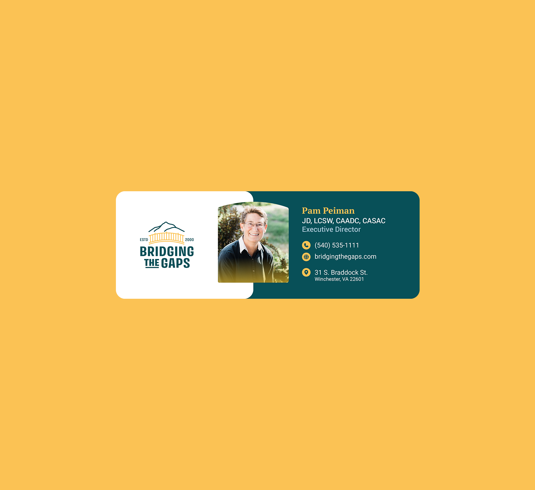 Business card for Bridging the Gaps showing a headshot of Pam Prinson, Executive Director, contact info, and address.