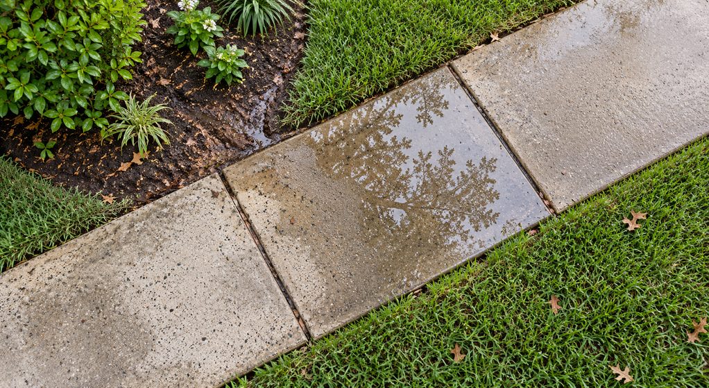 Overhead view of rainwater pooling on a concrete walkway panel beside grass and a muddy planting bed