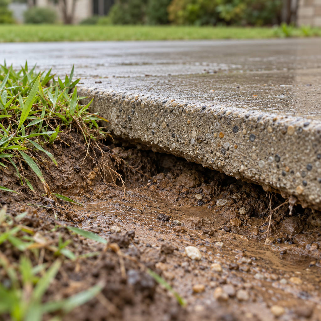 Washed-out soil leaves a shallow gap beneath a concrete walkway edge.