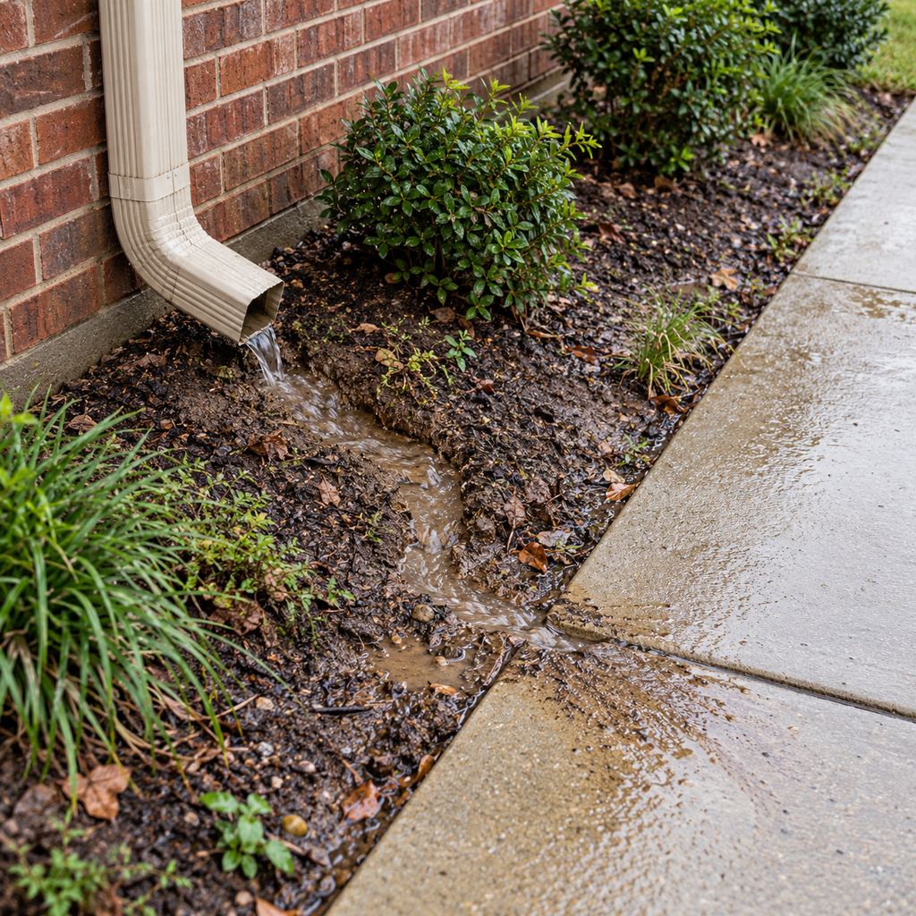 Downspout runoff cuts a muddy channel through a planting bed and carries sediment onto a concrete walkway.