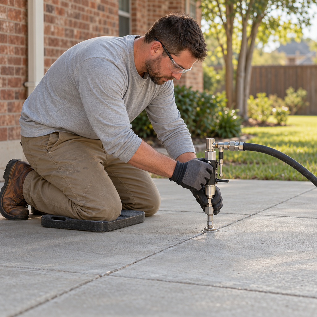 A technician wearing gloves and safety glasses operates an injection tool on a concrete patio.