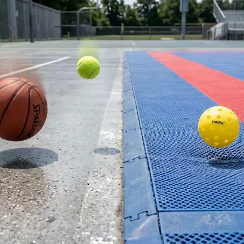 Basketball bouncing on smooth concrete court in Los Angeles, CA showing consistent ball rebound
