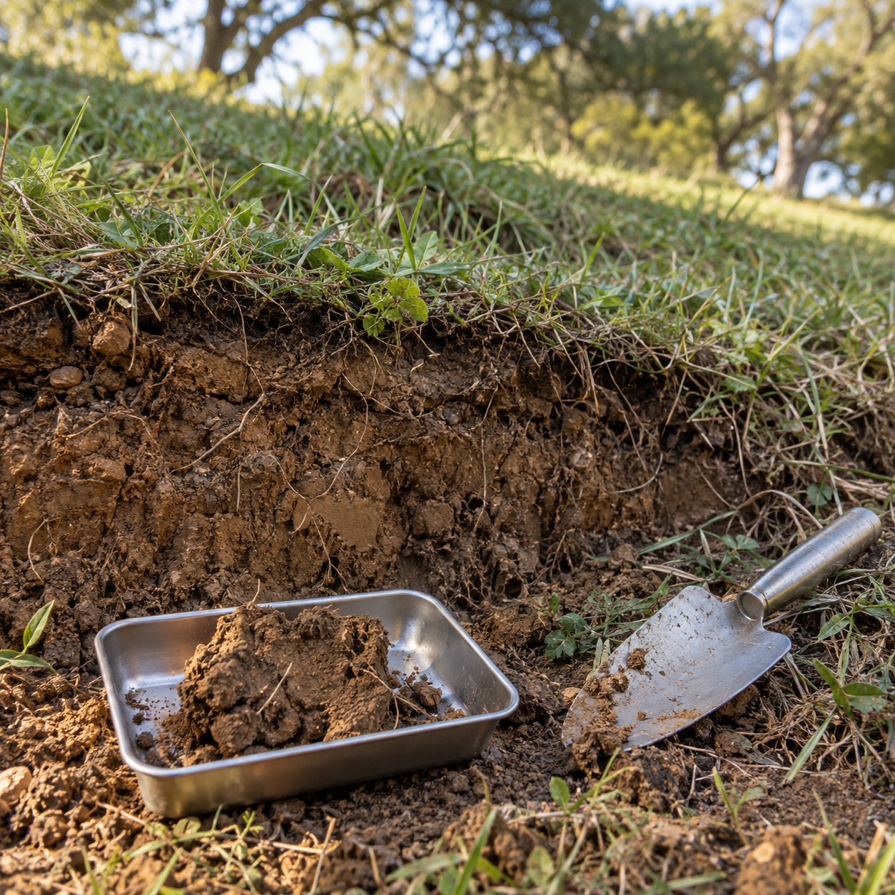 Exposed soil layers beneath grass, with a soil sample in a metal tray and a sampling trowel.