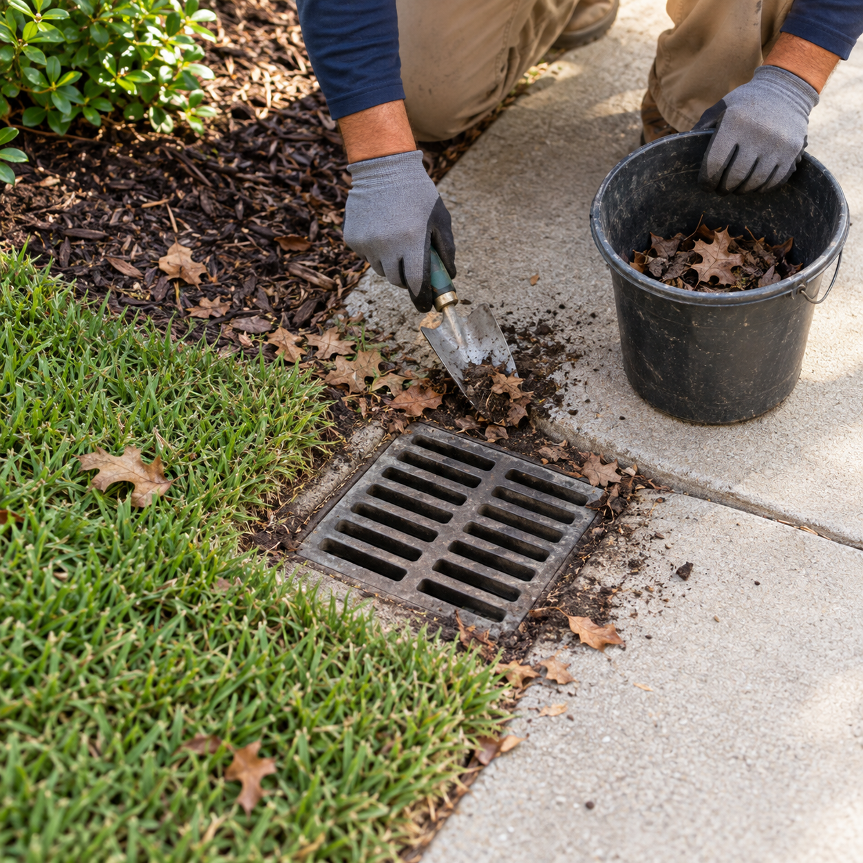 A gloved worker removes leaves and sediment from around a surface-drain grate beside a concrete walkway.