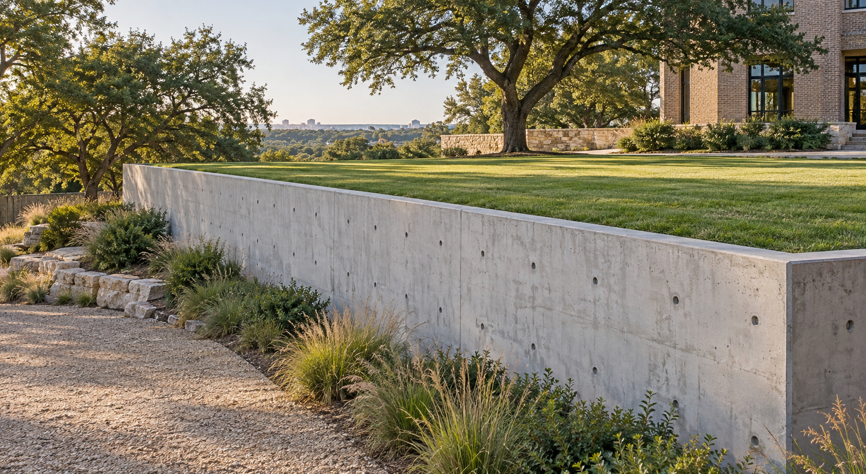 Concrete retaining wall supporting a level lawn above a lower gravel area on a sloping property.