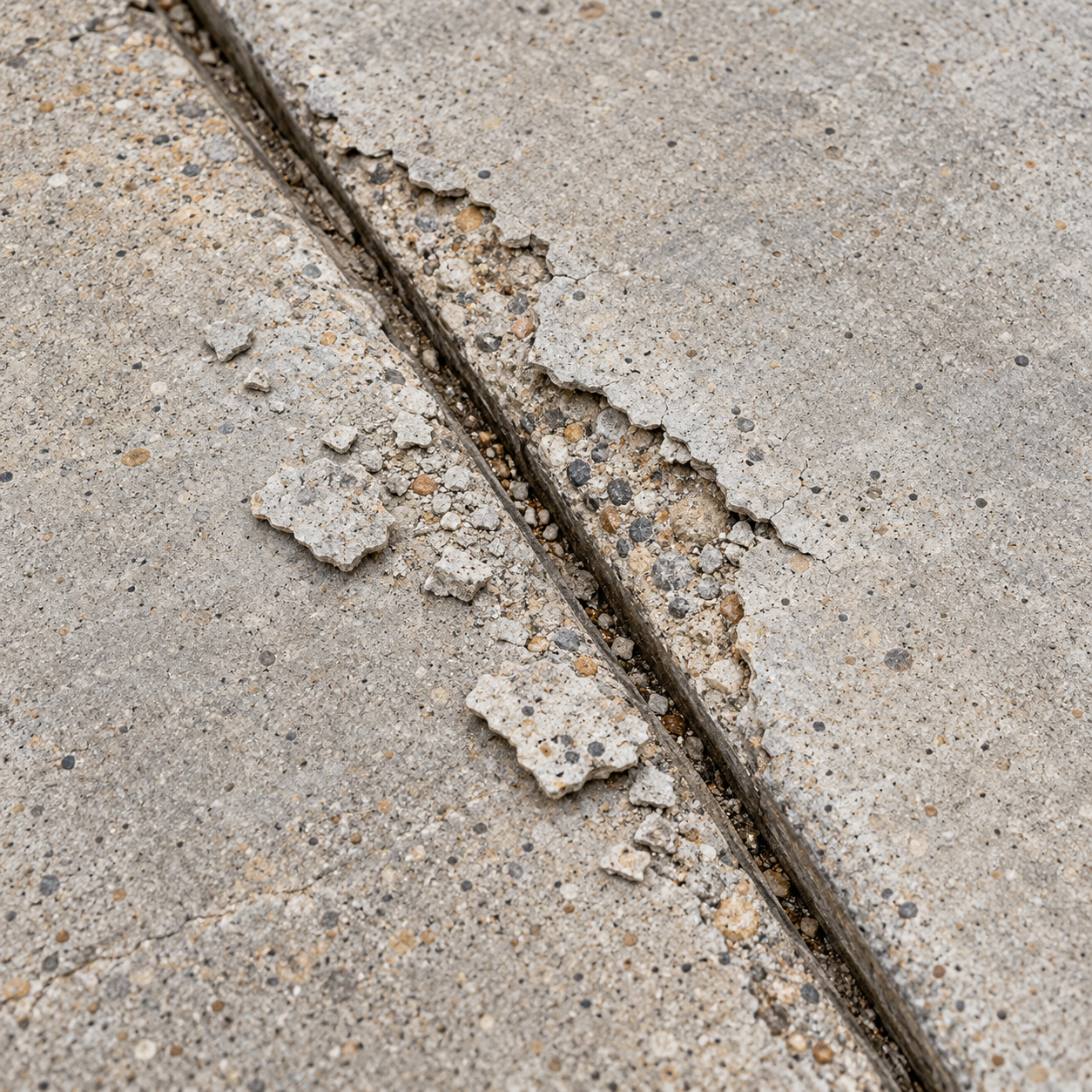 Flaking concrete exposes aggregate and leaves loose chips along a deteriorating slab joint.