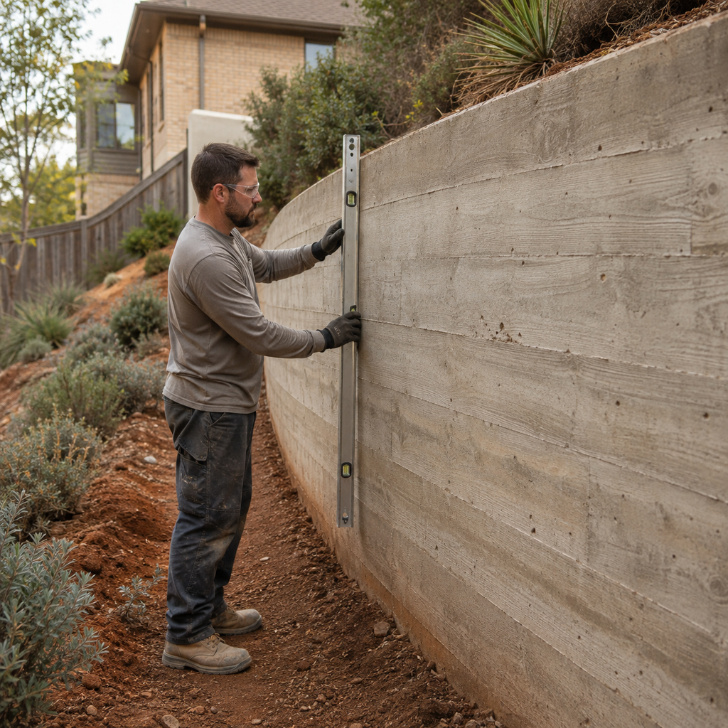 Contractor checks a bowed concrete retaining wall with a level on a Fort Worth property.