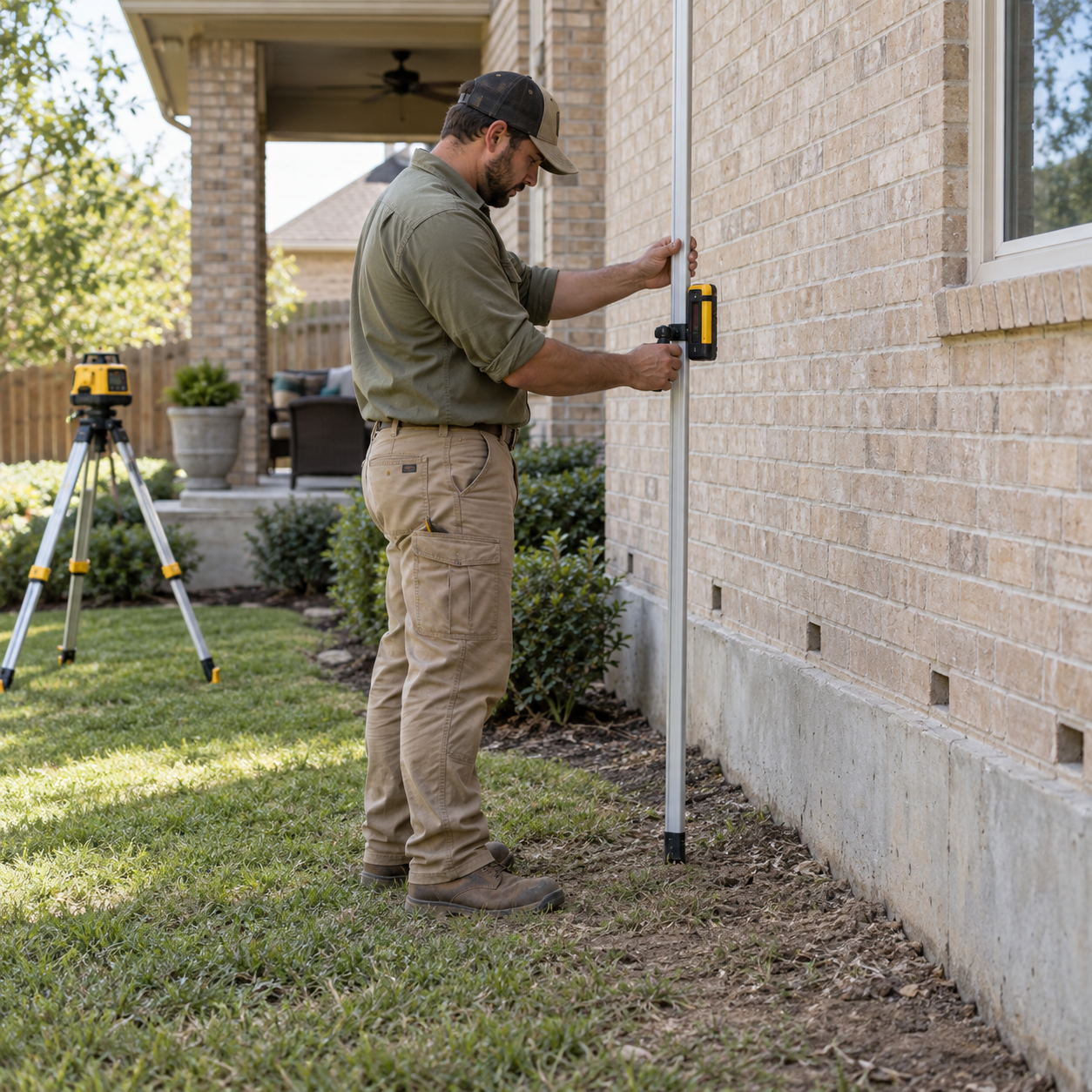 A contractor uses a grade rod and laser level to check ground elevation beside an exposed concrete foundation.